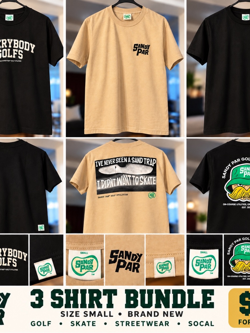 Sandy Par Men's Short Sleeve Tee Bundle - Black & Tan - Small